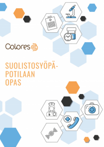 Oransilla tekstillä Colores Suolistosyöpäpoitlaan opas. Kuvan reunoilla useita kuusikulmaisia kuvioita, joista osa on oransseja ja sinisiä, osassa lääketieteellisiä kuvia, kuten lääkäri ja ensiapulaukku.