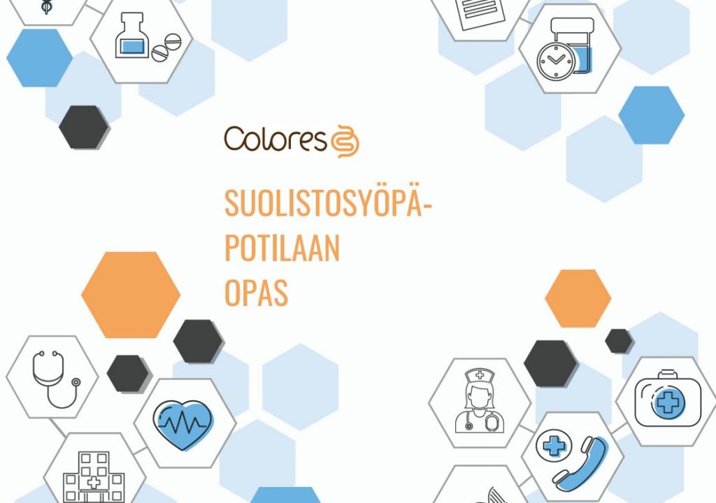 Kuvan keskellä teksti colores suolistosyöpäpotilaan opas. Ympärillä kuusikulmioita, jotka ovat oransseja ja sinisiä. Osassa kulmioissa on lääketieteellisiä symboleita, kuten lääkäri ja lääkepurkki.